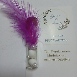 Cam Tüp Fuşya Renk Tüylü Badem Şekeri Düğün Nişan Nikah Kına Sünnet Babyshower Yenidoğan Hediyelik