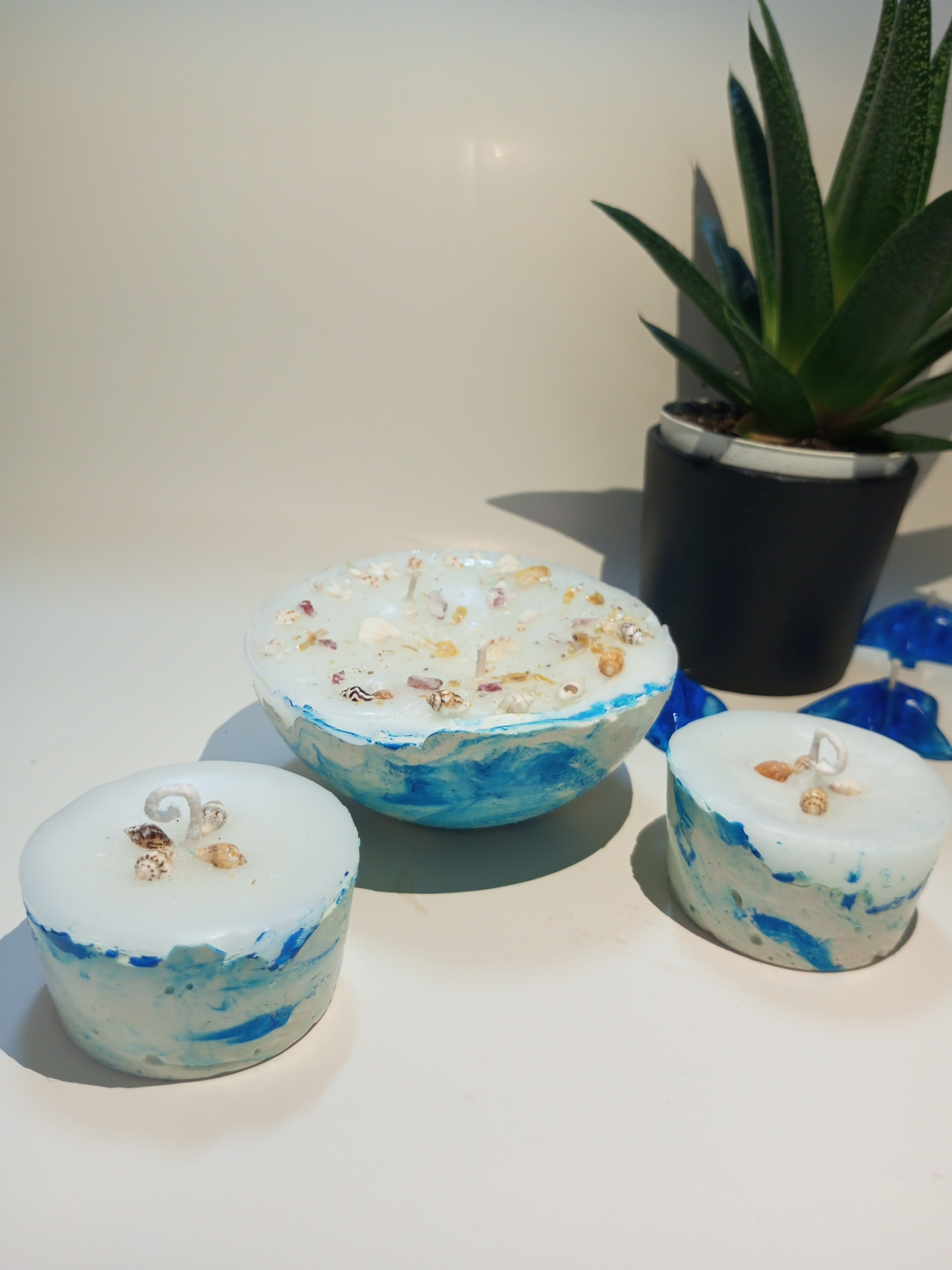 3'lü Dekoratif Mavi Renkli Deniz Konseptli Beton Mum Seti