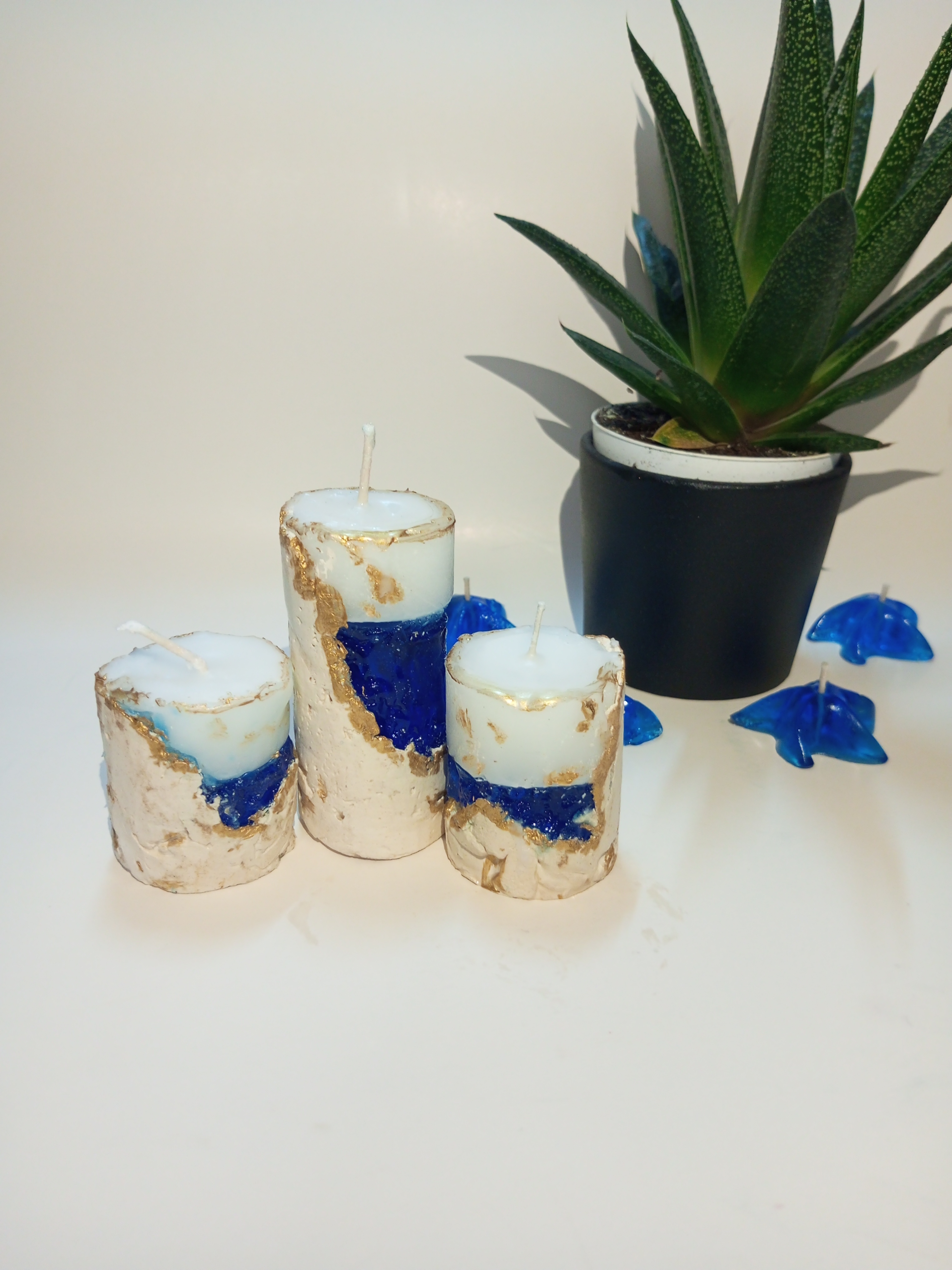 3'lü Dekoratif Lacivert Beyazli Beton Jel Mum