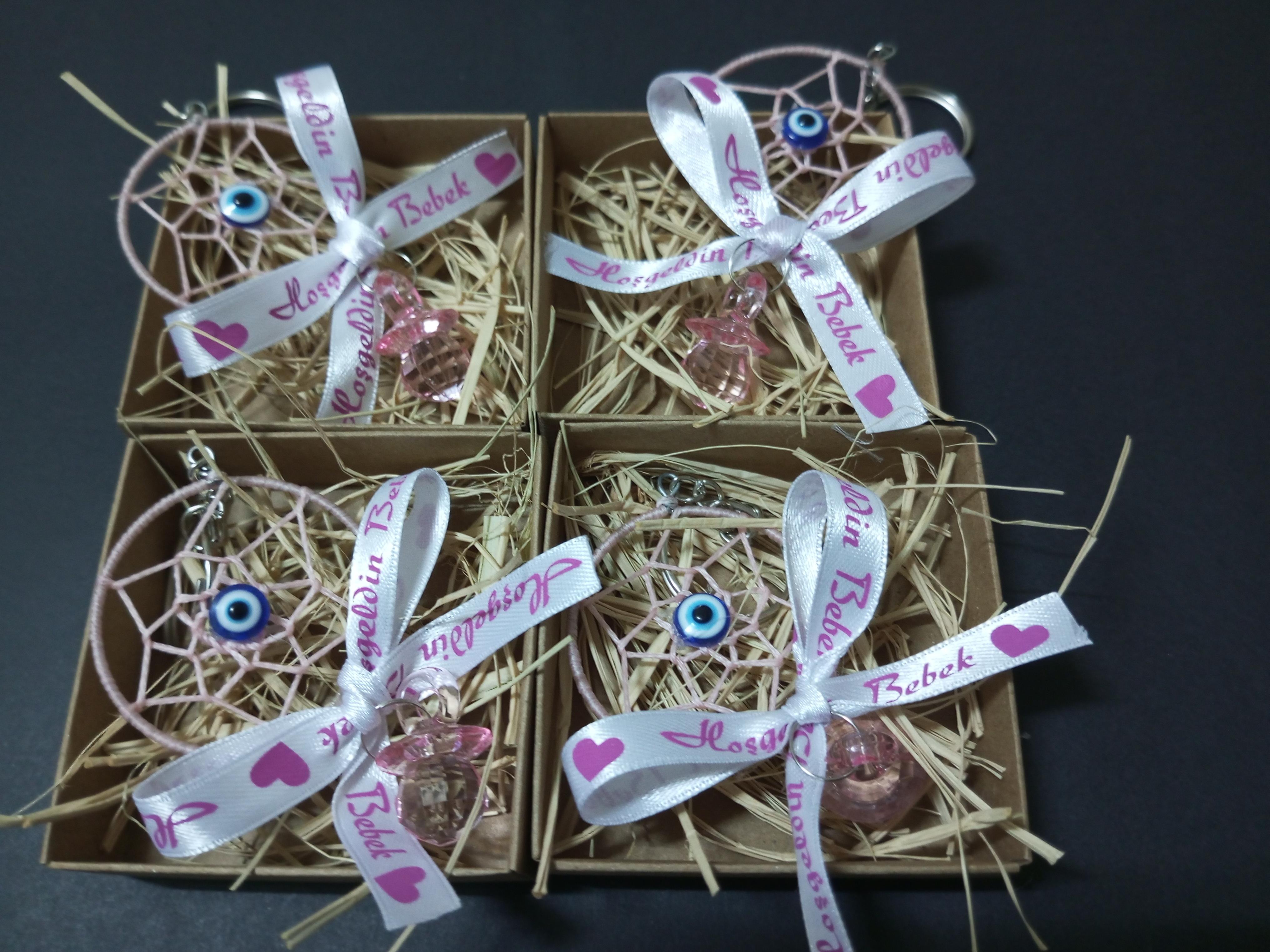 Kraft Kutulu Pembe dreamcather Anahtarlık  Babyshower Yenidoğan Bebek Mevlüd-i Dogumgünü Hediyelik
