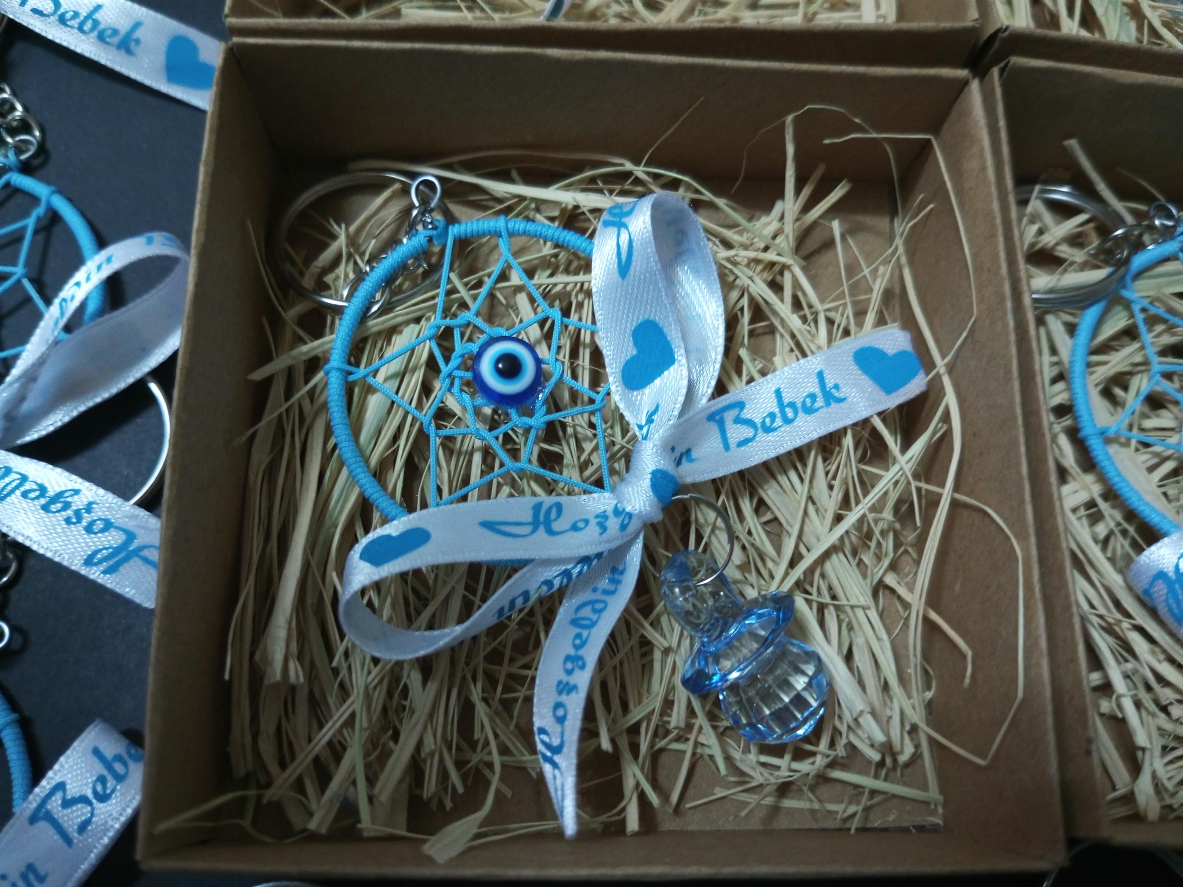 Kraft Kutulu Mavi Emzikli Dreamcather Anahtarlık Babyshower Yenidoğan Bebek Mevlüd-i Dogumgünü Hediyelik