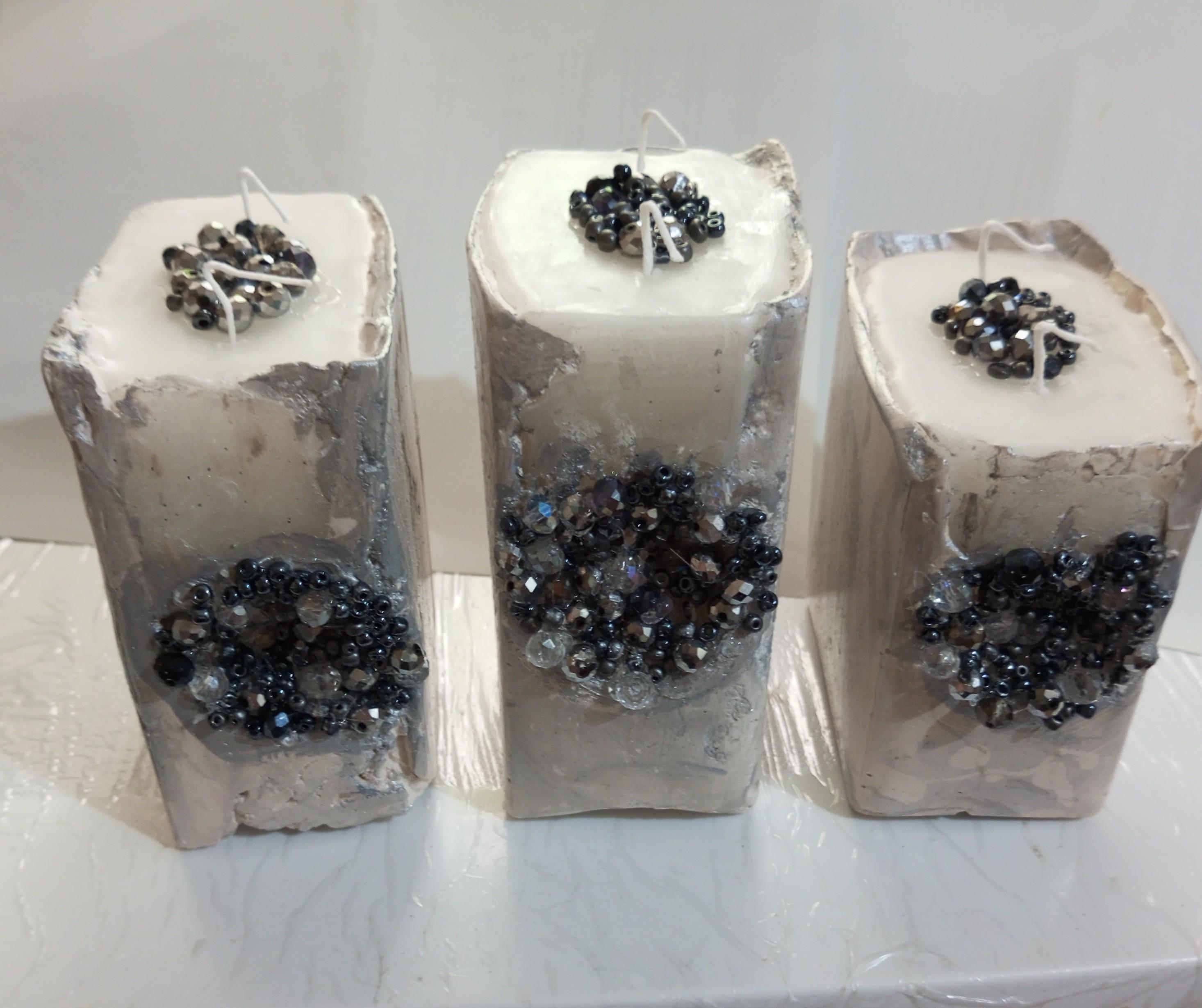 3 lü Kristal Taşlı Dekoratif Beton Mum Set