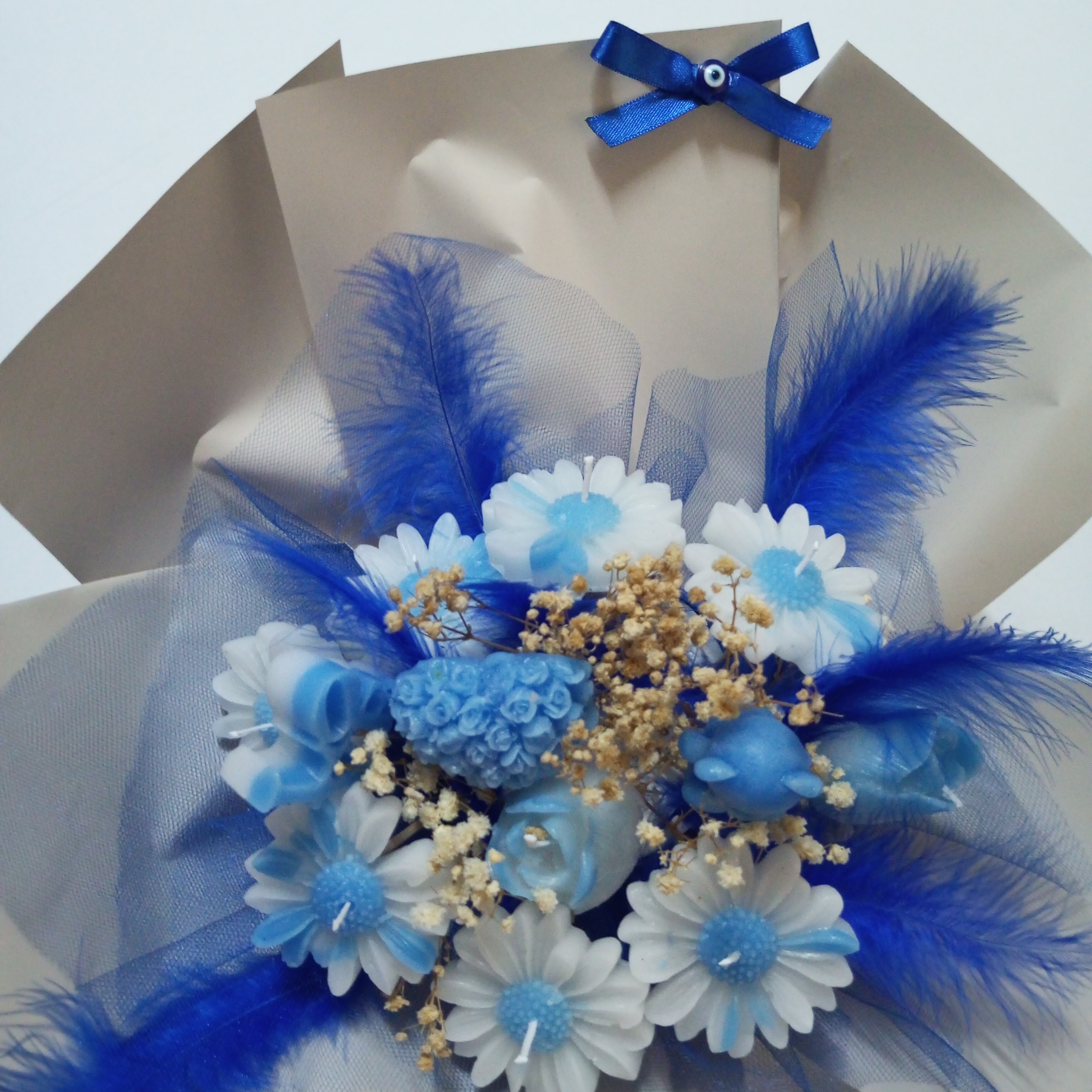 Erkek Bebekler için Mavi Renkli  Mum Çicek Buket Hediyelik Babyshower Yenidoğan Bebek Mevlüd-i Dogumgünü