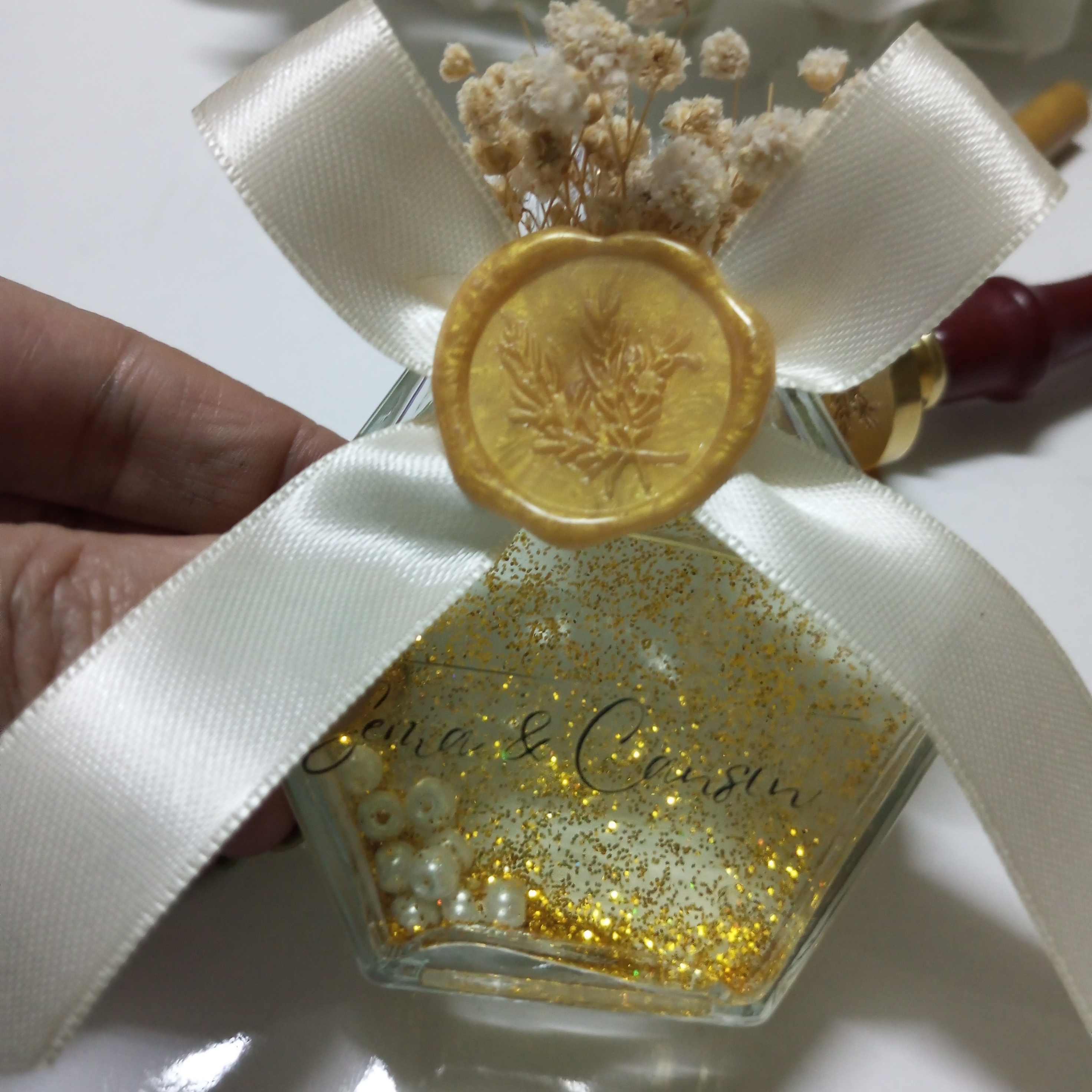 Gold Simli İncili  Gold Mühürlü Altıgen Cam Şişe Düğün Nikah Nişan Kına Hediyelik