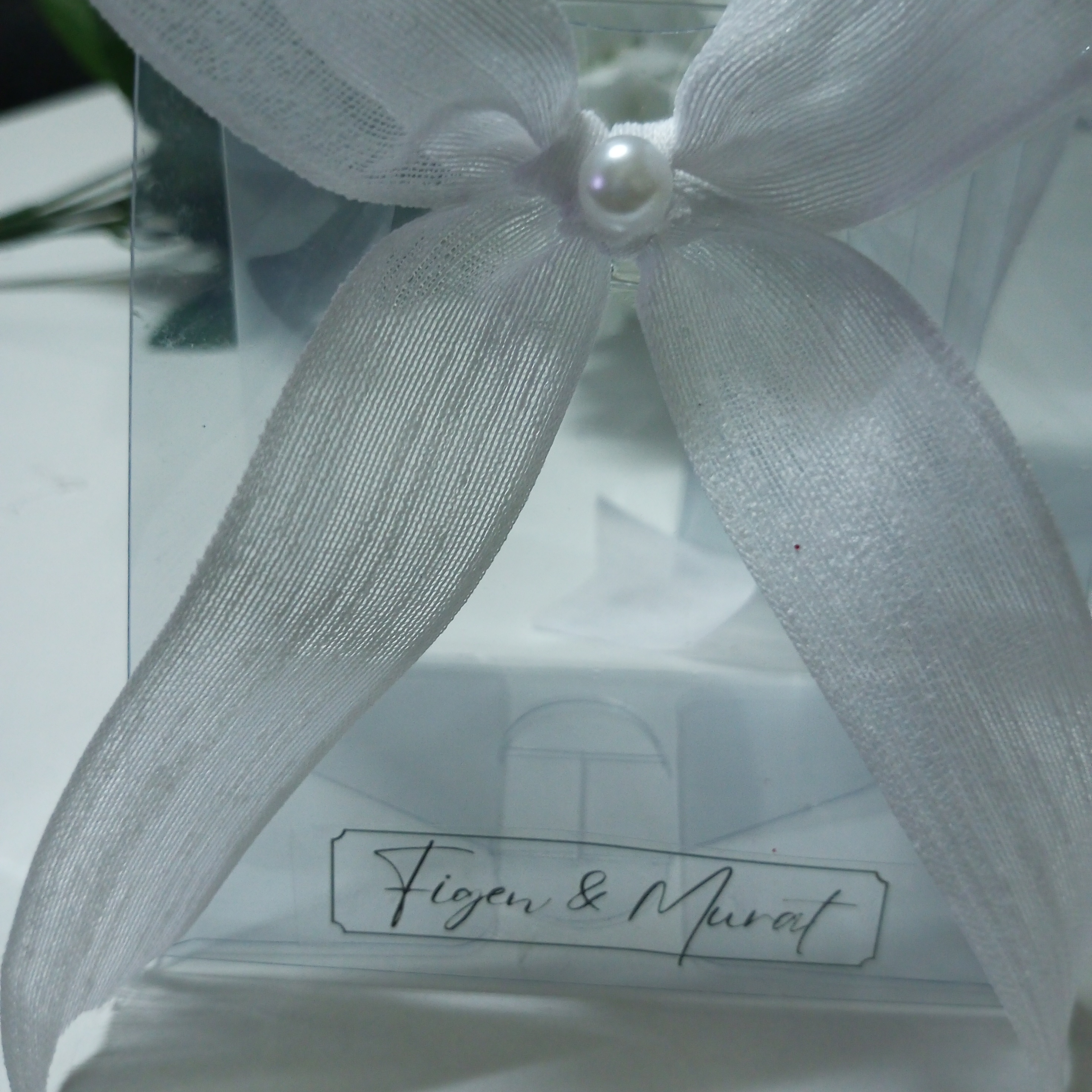 Beyaz Keten Kurdeleli İnci Taşlı Şeffaf Asetat Çanta