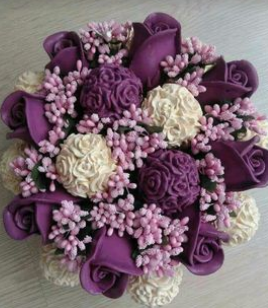 Mor -Beyaz Renkli Gül-Gül topu Mum Buket Hediyelik