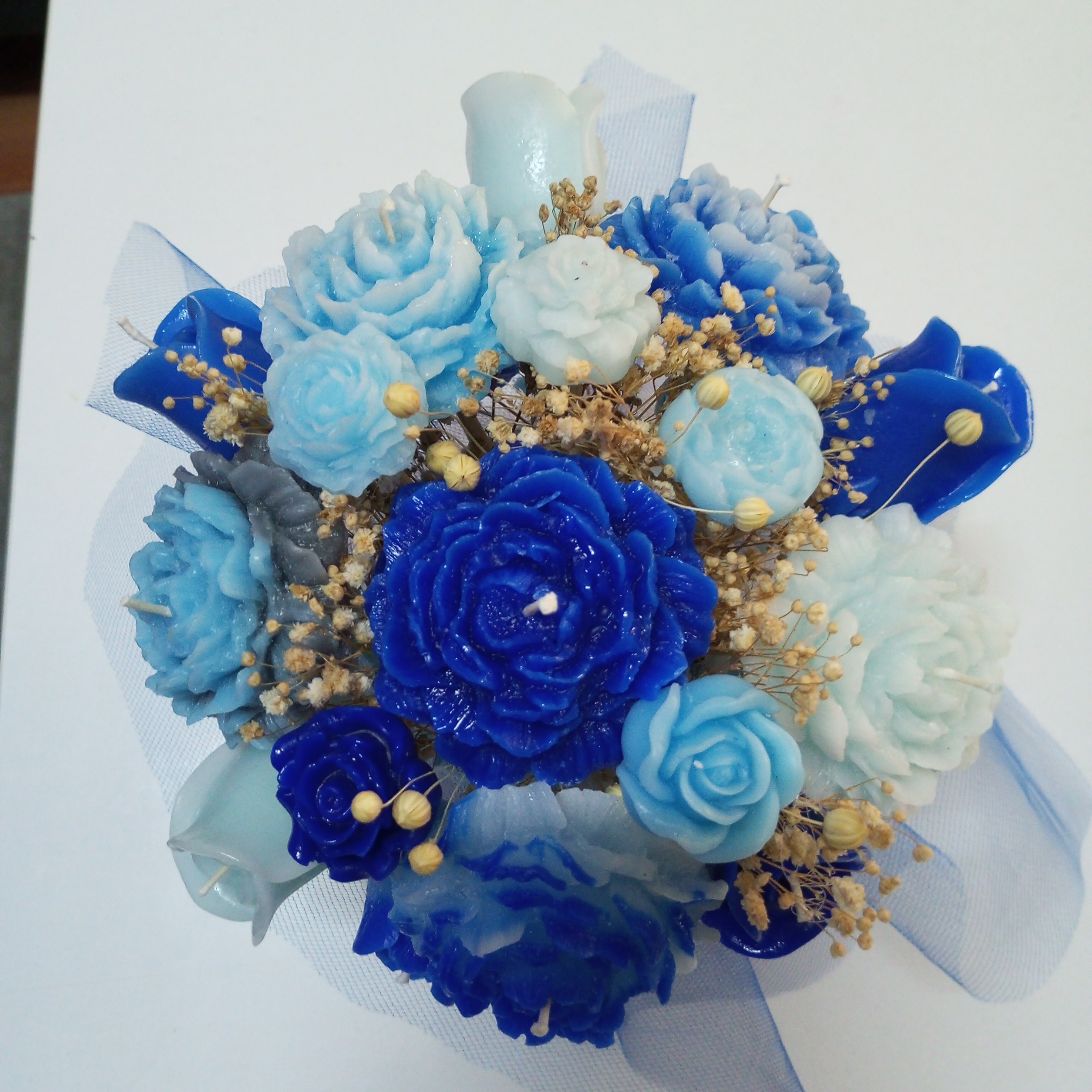 Mavi -Lacivert Şakayık Gül Mum Çicek Buket