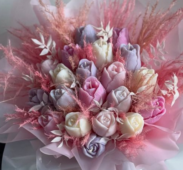 Pembe -Lila Gül Mum Buket Hediyelik