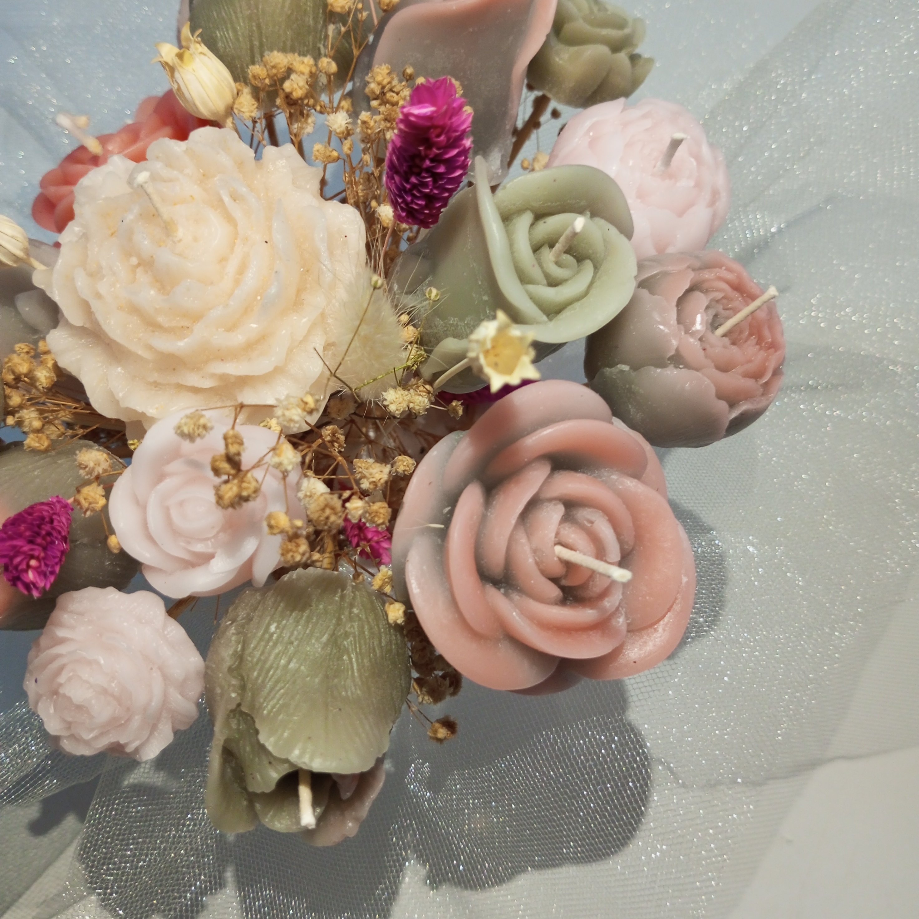 Pembe- Gri Şakayık Gül Mum Buket Hediyelik