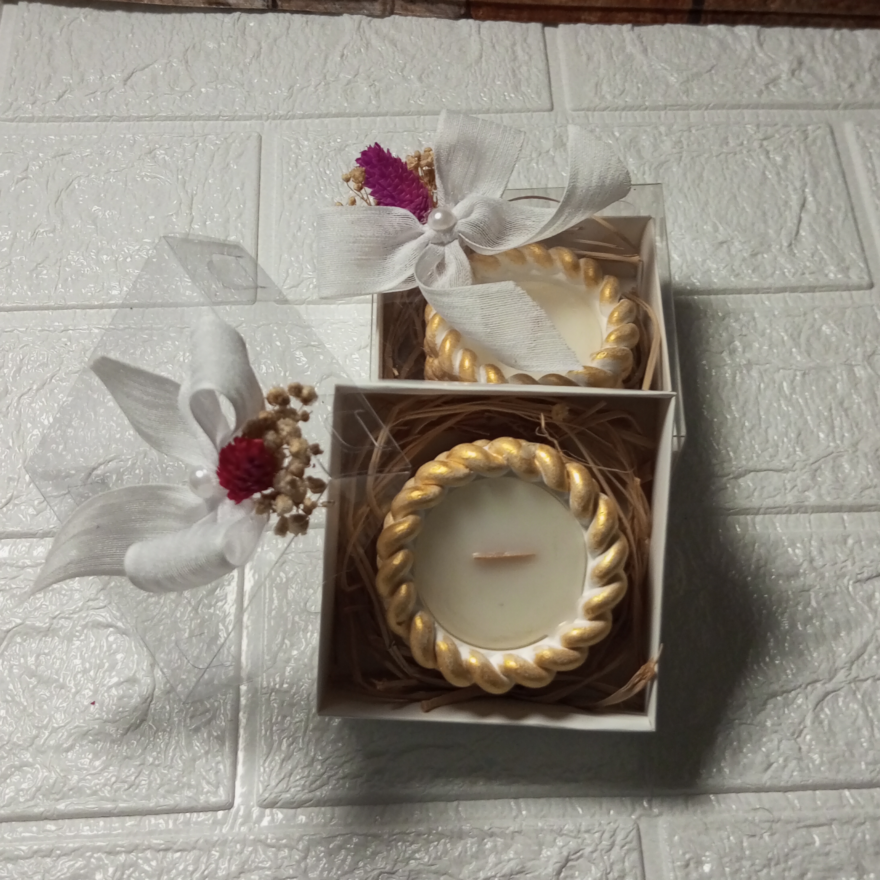 Gold Renkli Alçı Örgü Model Mumluk Düğün -Nikah-Nişan -Kına-Sünnet -Babyshower Hediyelik